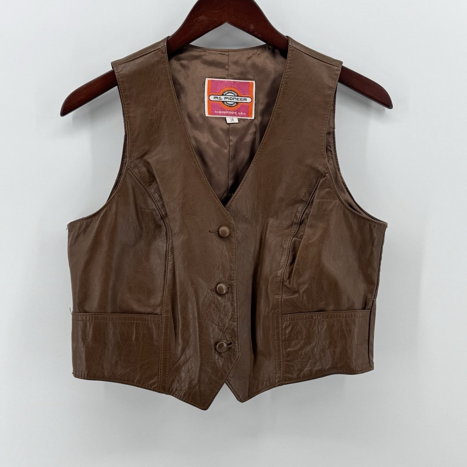 Vintage Ms. Pioneer Brown Leather Western Vest, Size 14, 70s/80s